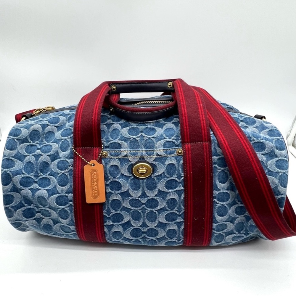 COACH Denim Signature Bag Red Striped Guitar Strap🔥SOLD OUT🔥 & Dustbag/COA